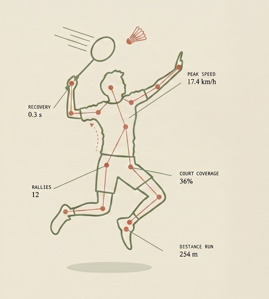 Badminton player with session analytics — rally tracking, court coverage, and movement insights from DeltaPlay