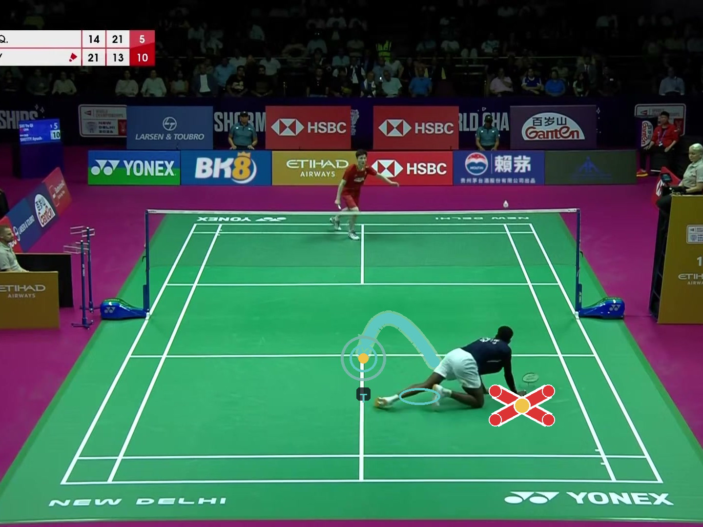 The lunge — Ayush Shetty Game 3 still, coaching overlay, not measured