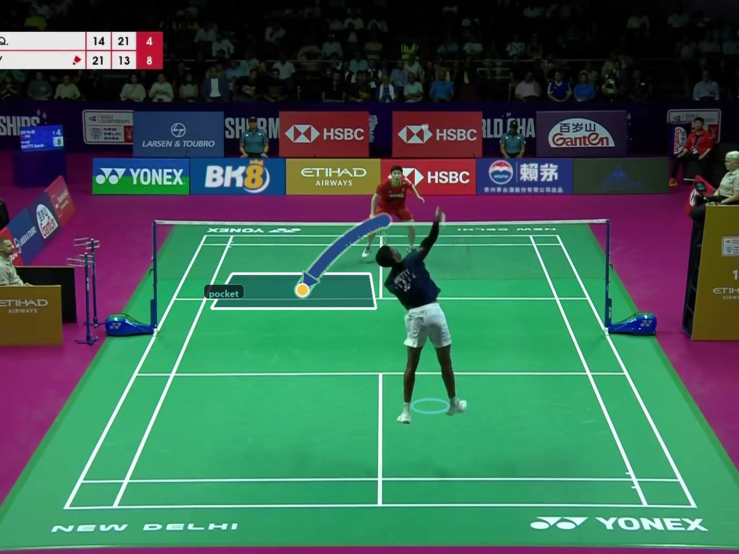 The smash — Ayush Shetty Game 3 still, coaching overlay, not measured